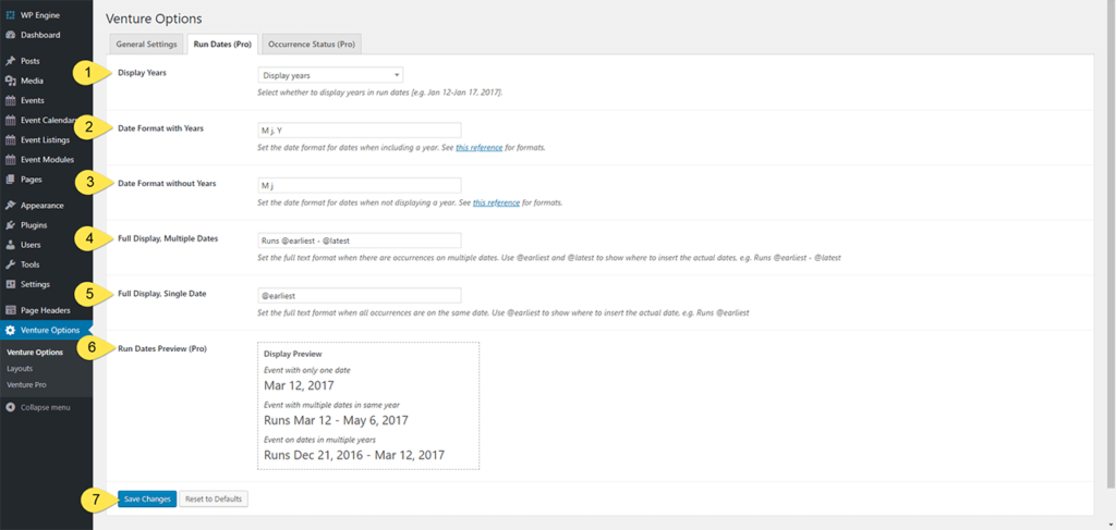 Run Dates Display Settings Panel – Venture Event Manager Documentation